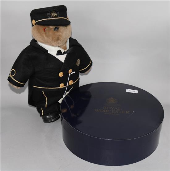 A Royal Worcester commemorative coffee set, two RW figures, Coalport figure (all boxed), Orient Express bear, replica Royal jewellery e